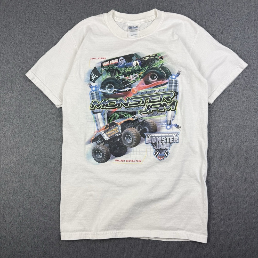 Vintage 2003 Monster Jam Shirt Small White Grave Digger Bulldozer Gildan Tee